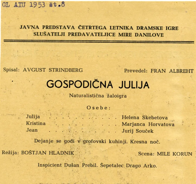 Gospodična Julija, Produkcija, Nazorjeva, Oddelek za gledališče in radio, 1953