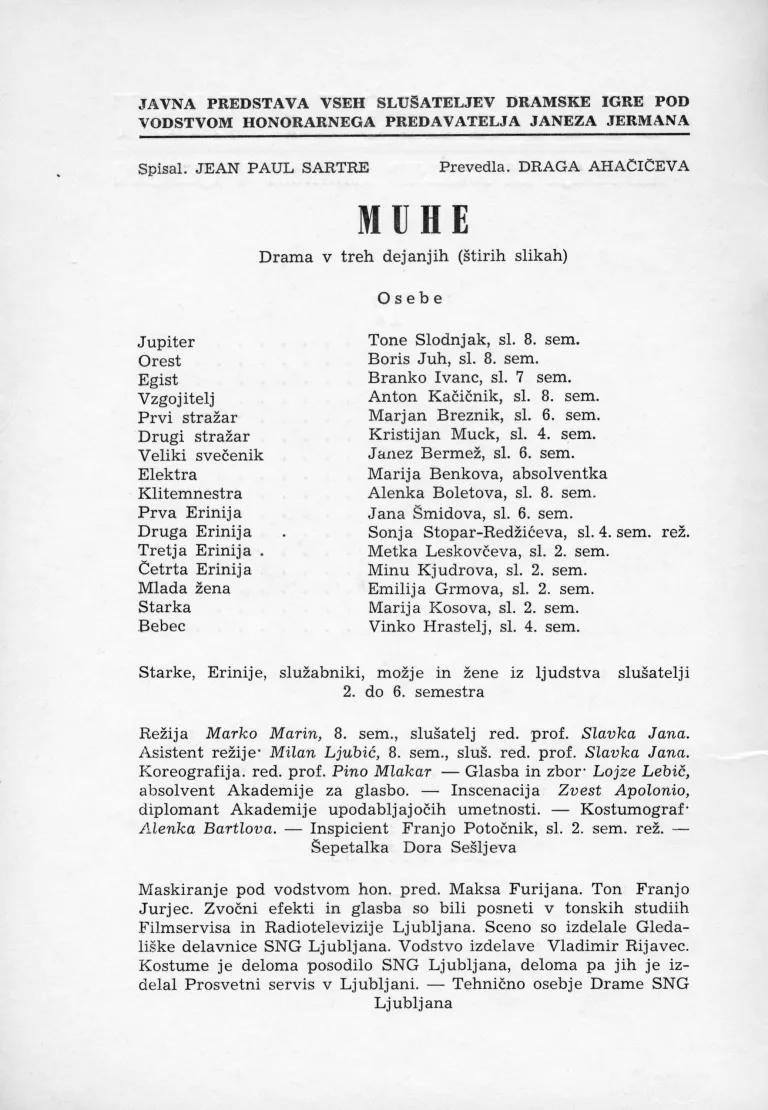 Muhe, Produkcija, Nazorjeva, Oddelek za gledališče in radio, 1961