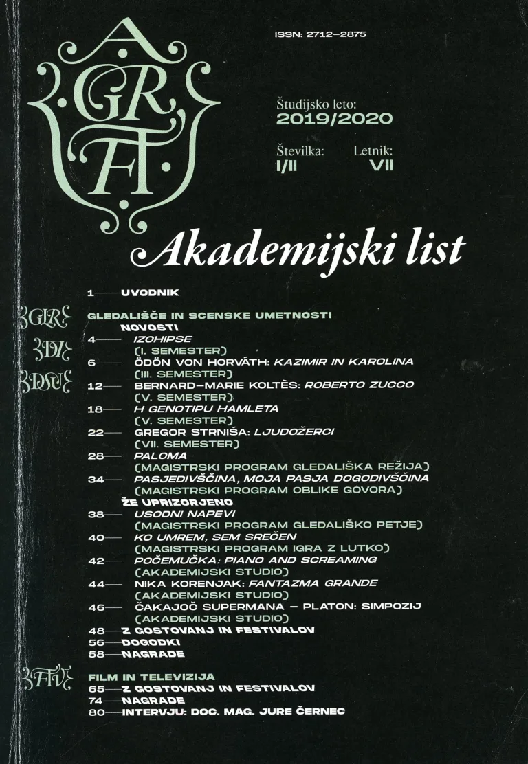 Akademijski list 2019/2020, št. 1, Gradivo, Trubarjeva, Center za teatrologijo in filmologijo, 2020